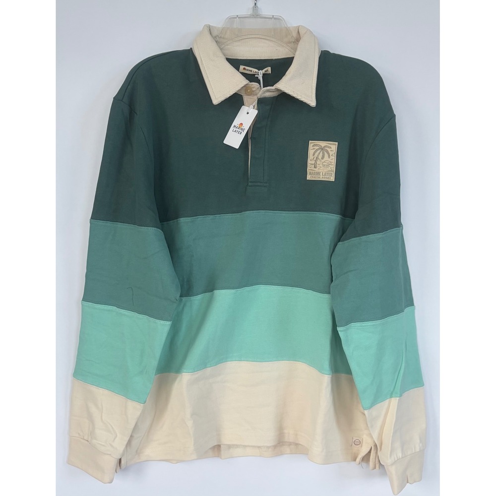 Marine Layer Men M/L Green Colorblock Rugby Shirt Corduroy Collar LongSleeve New